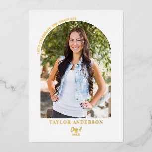 Chic Modern Arch Photo Maroon Graduation Party Foil Invitation