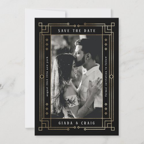 Chic Modern Art Deco Faux Gold Black Save the Date Announcement
