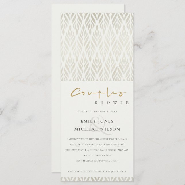 CHIC MODERN ART DECO WHITE SILVER COUPLES SHOWER INVITATION (Front/Back)
