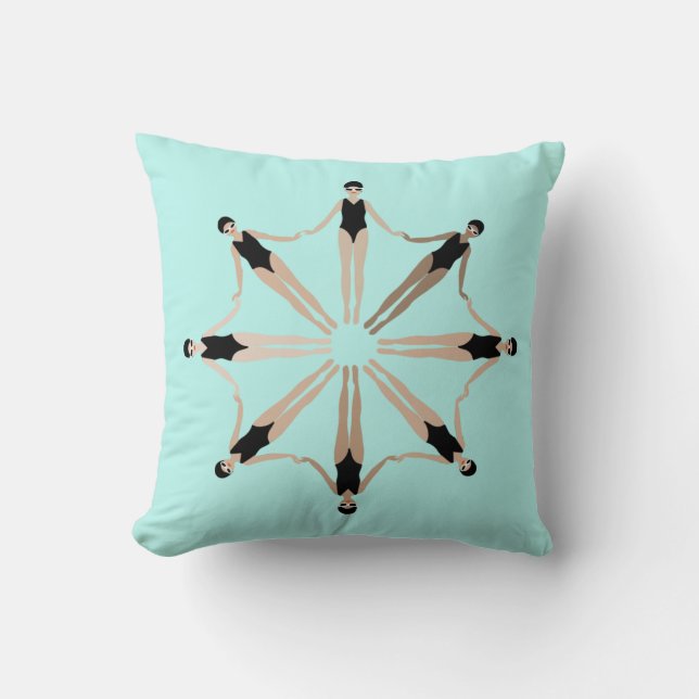 Chic Modern Artistic Synchronized Swimmers Blue Throw Pillow (Front)