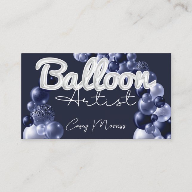 Chic Modern Balloon Artist Navy Blue Silver Business Card (Front)