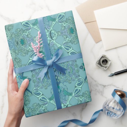 Chic Modern Baroque Pattern in Blue and Green Wrapping Paper