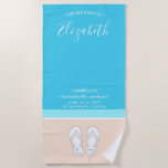 Chic Modern Beach Wedding Honeymoon Anniversary Beach Towel<br><div class="desc">Girlfriends and bridesmaids will love a personalized keepsake beach towel for a seaside wedding or bachelorette party weekend. All text is simple to customize or delete. Pastel coral and light turquoise blue design features bright white typography, name, bridal party title, event date / location, initials, and monogrammed flip flops on...</div>