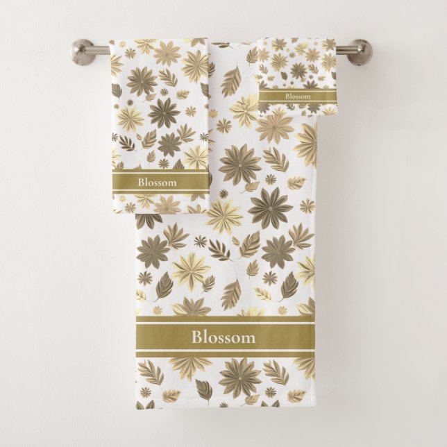 Chic Modern Beige Flowers and Text on White Bath Towel Set (Insitu)