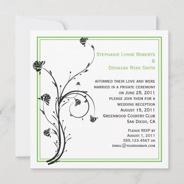 Chic Modern Black and Green Swirls Invitation (Front)