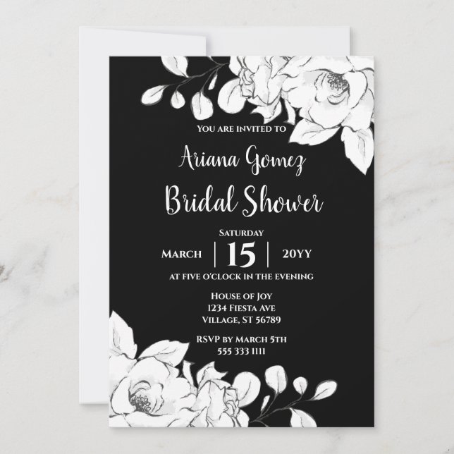 Chic Modern Black And White Floral Bridal Shower Invitation (Front)