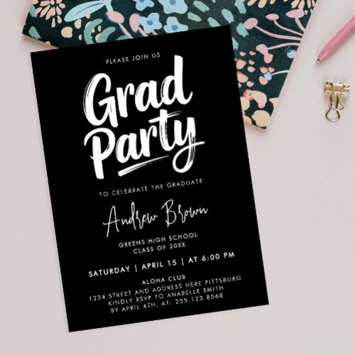Chic Modern Black And White Grad Brush Ink Script Invitation