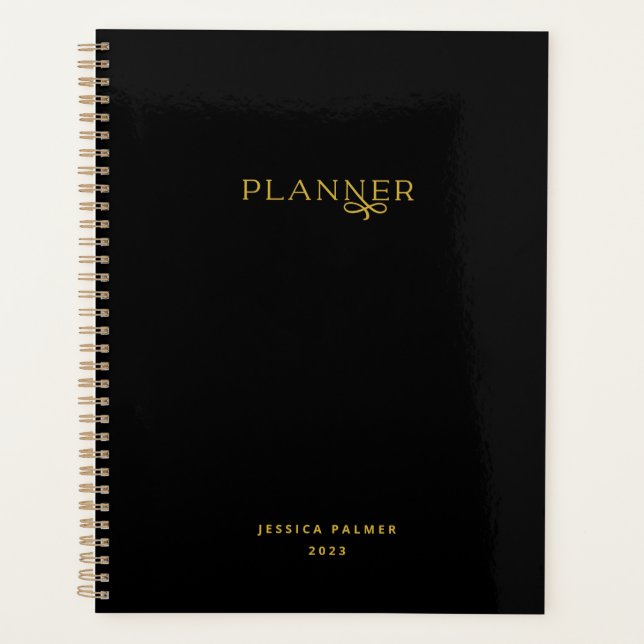 Chic Modern Black Gold Personalized Name Planner (Front)