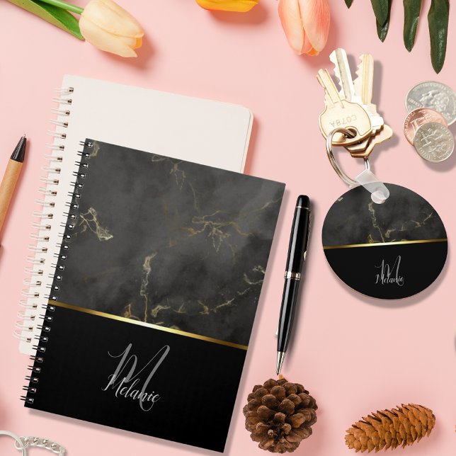 Chic modern Black grey marble gold monogram  Keychain (Creator Uploaded)