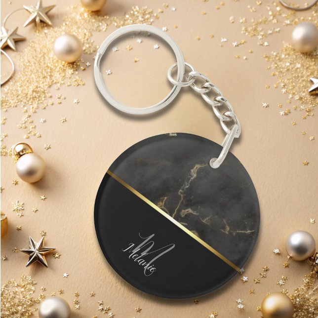 Chic modern Black grey marble gold monogram  Keychain (Creator Uploaded)