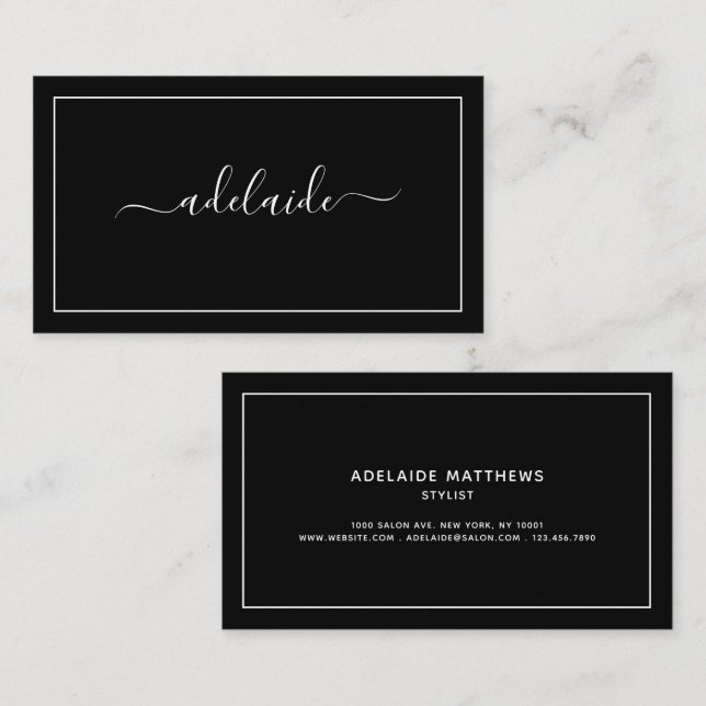 Chic Modern black hair stylist script signature Business Card (Front/Back)