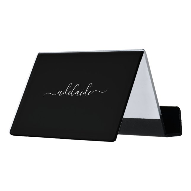 Chic Modern black hair stylist script signature Desk Business Card Holder (Angled Back)