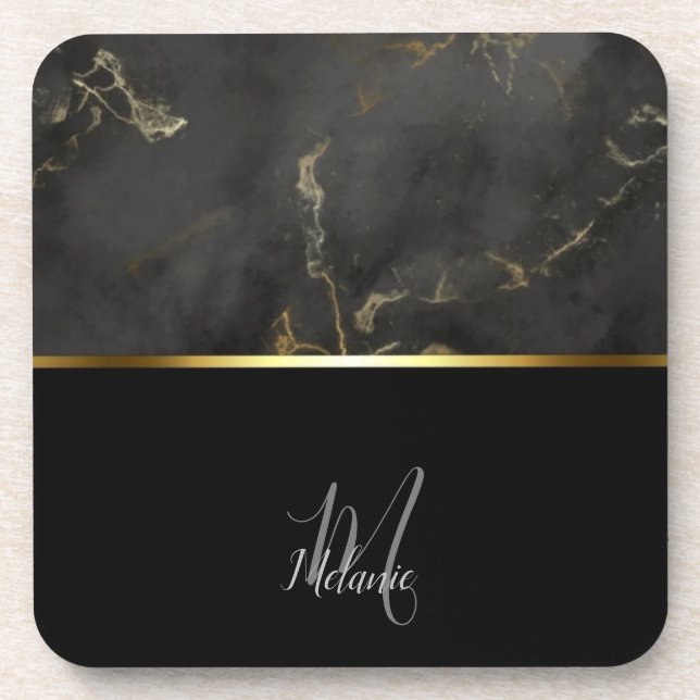 Chic modern Black marble gold monogram Beverage Coaster (Front)