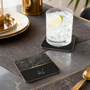 Chic modern Black marble gold monogram Beverage Coaster