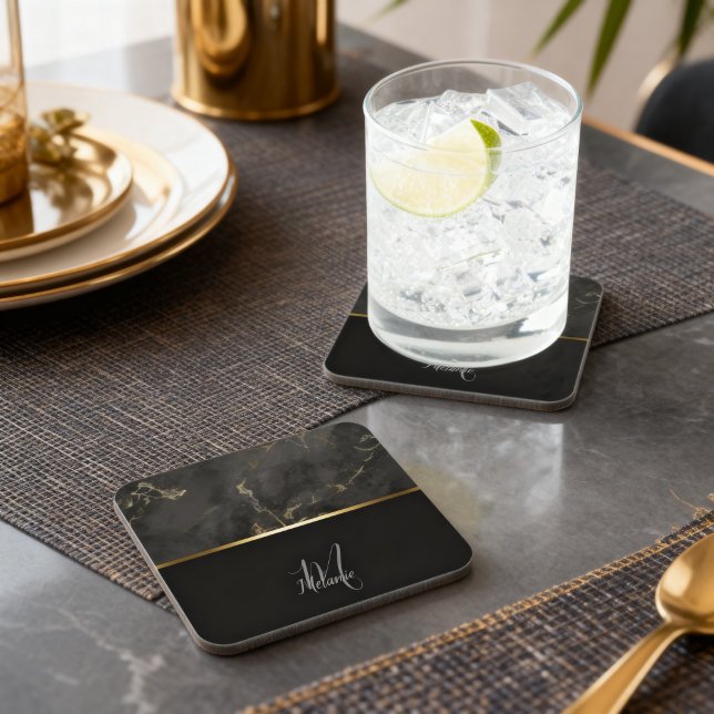 Chic modern Black marble gold monogram Beverage Coaster (Creator Uploaded)