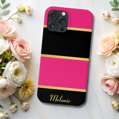 Chic Modern black pink Stripes Pattern with Name  iPhone 13 Pro Max Case