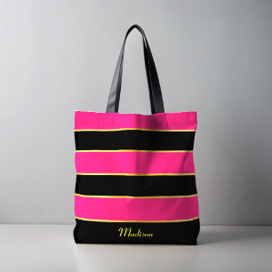 Chic Modern black pink Stripes Pattern with Name  Tote Bag