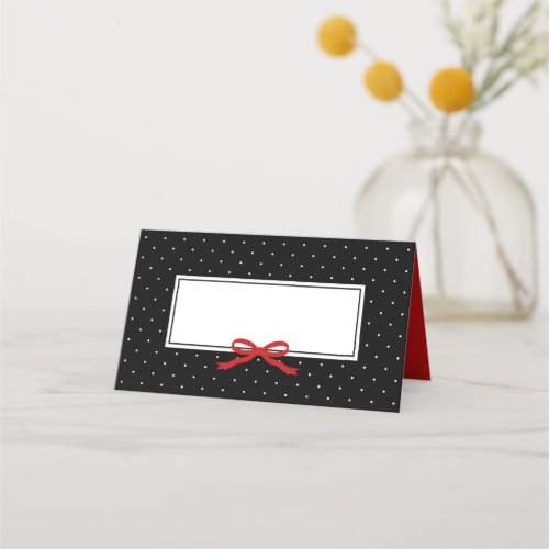 Chic Modern Black Polka Dot with Red Ribbon Place Card