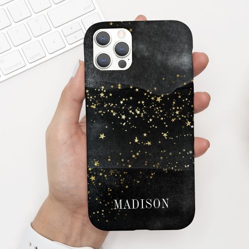 Chic Modern Black Watercolor Gold Stars w Name iPhone 11 Case