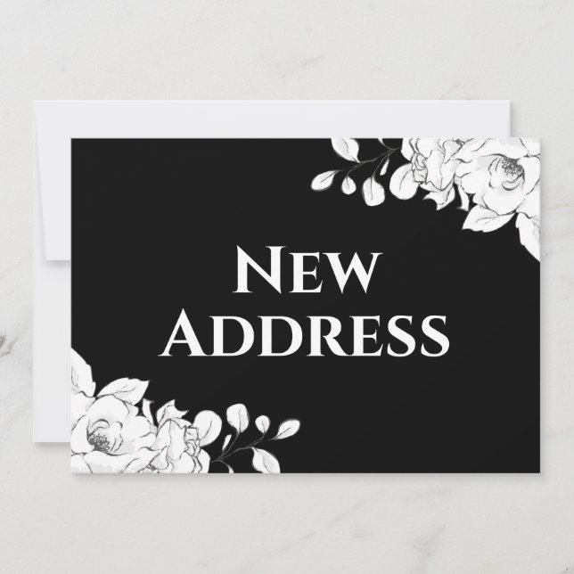 Chic Modern Black White Floral New Address Announcement (Front)