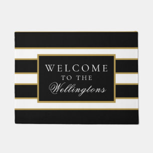 Chic Modern Black White Gold Striped Personalized Doormat