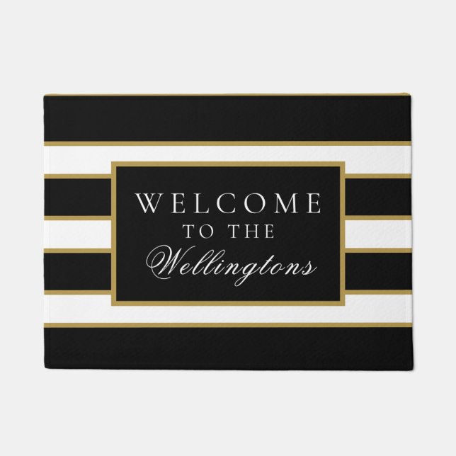 Chic Modern Black White Gold Striped Personalized Doormat (Front)
