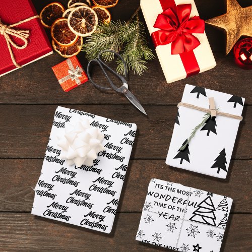 Chic Modern Black White Merry Christmas Quote Gift Wrapping Paper Sheets