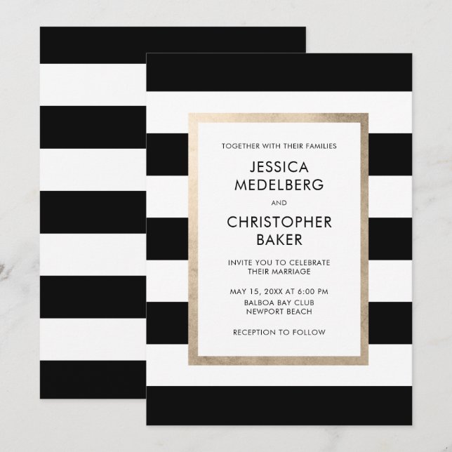 Chic Modern Black White Stripe Rose Gold Wedding Invitation (Front/Back)
