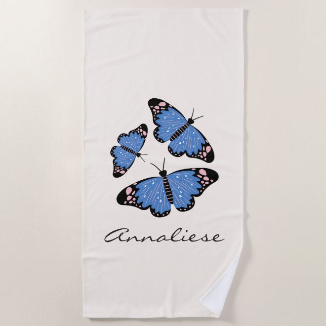 Chic Modern Blue Butterfly Design Personalized  Beach Towel (Front)