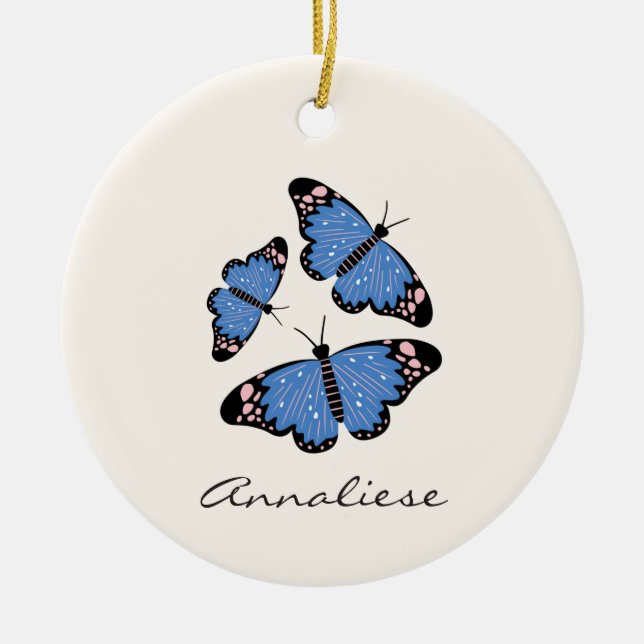 Chic Modern Blue Butterfly Design Personalized  Ceramic Ornament (Front)
