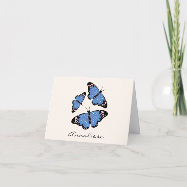 Chic Modern Blue Butterfly Design Personalized Note Card (Front)