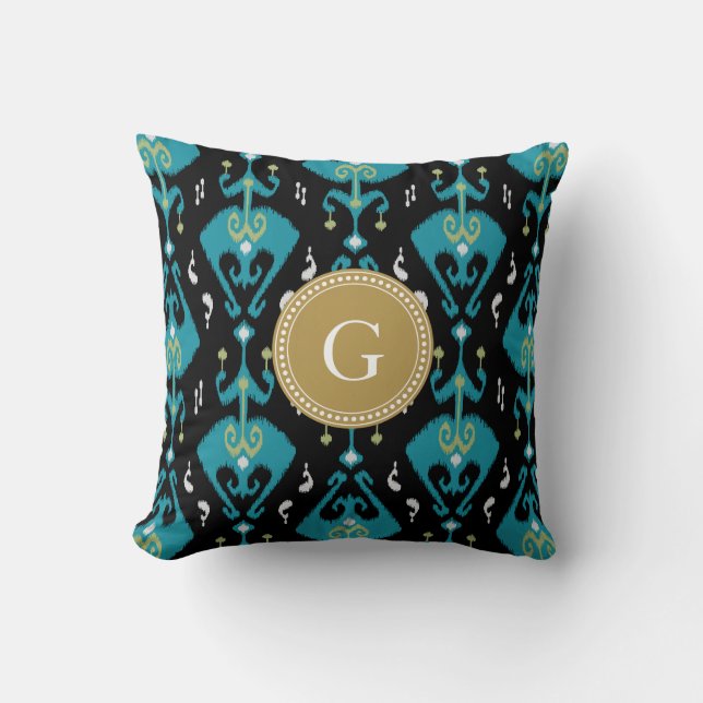 Chic modern blue ikat tribal pattern monogram throw pillow (Front)