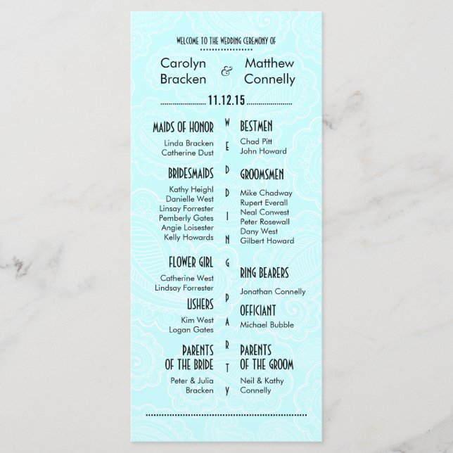 Chic Modern Blue Paisley Wedding Program (Front)