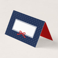 Chic Modern Blue Polka Dot with Red Ribbon Place Card