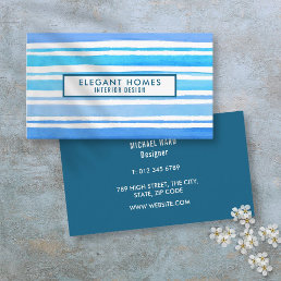 Chic Modern Blue Watercolor Stripes Business Card