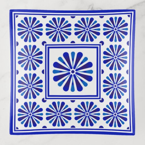 Chic Modern Blue White Floral Pattern Trinket Tray