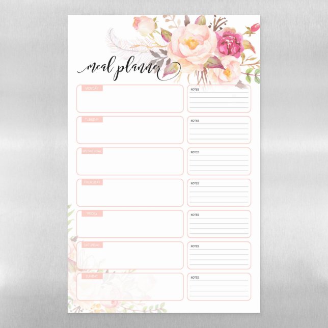 Chic Modern Blush Flower Vines Weekly Meal Planner Magnetic Dry Erase Sheet (Vertical)