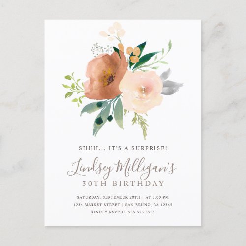 Chic Modern Blush Pastel Floral Surprise Party Invitation Postcard