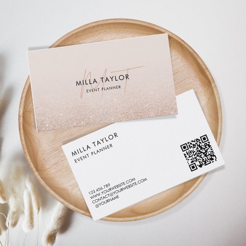 Chic Modern Blush Pink Monogram Feminine QR Code Business Card