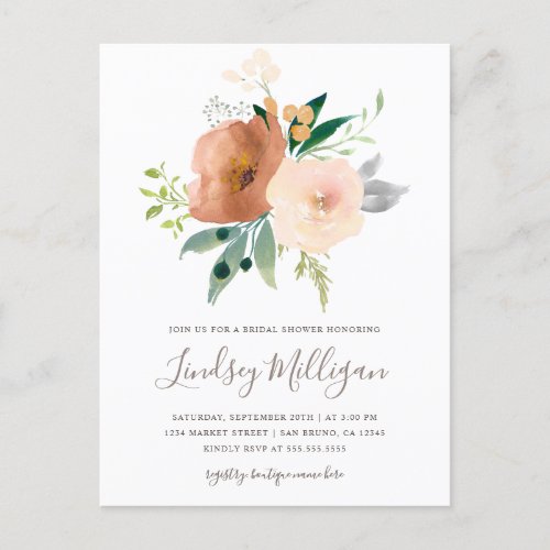 Chic Modern Blush Pink Pastel Floral Bridal Shower Invitation Postcard