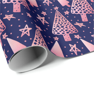 Chic Modern Blush Pink Pine Trees Stars Christmas Wrapping Paper