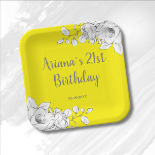Chic Modern Bright Yellow White Floral Birthday Paper Plates