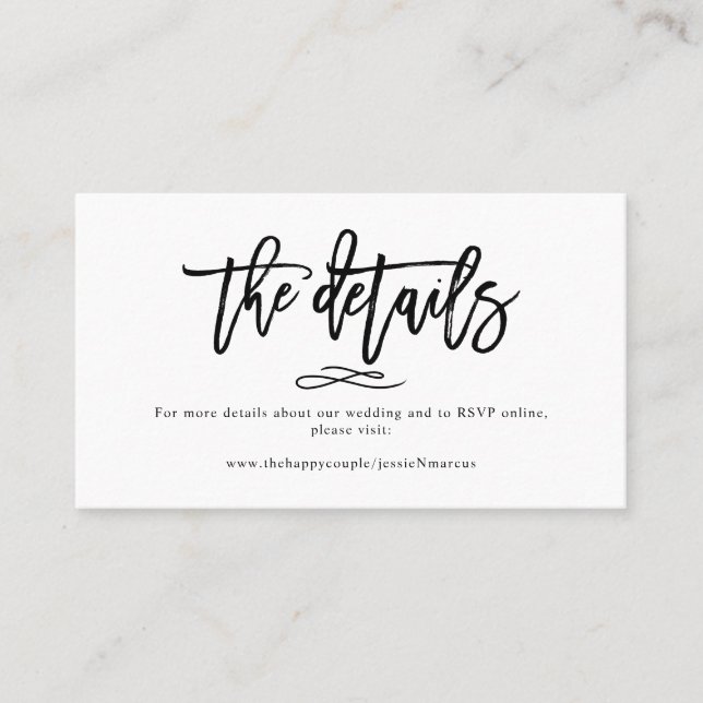 Chic+Modern Brush Script Wedding Details Business Card (Front)