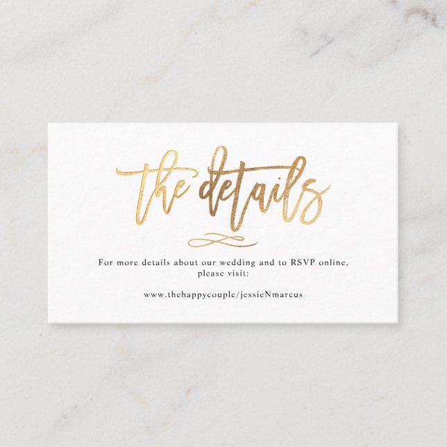 Chic+Modern Brush Script Wedding Details Faux Gold Business Card (Front)