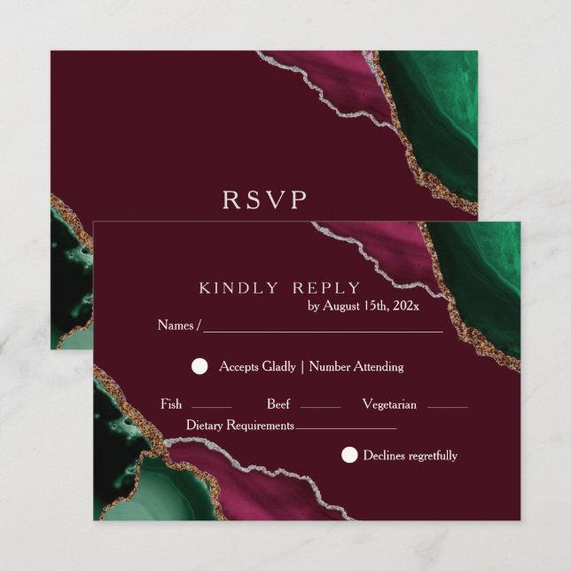  Chic Modern Burgundy & Green Black Agate Wedding RSVP Card (Front/Back)