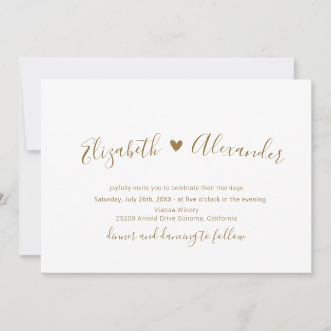 Chic Modern Calligraphy Gold Script Heart Wedding  Invitation (Front)