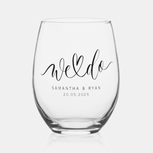 Chic Modern Calligraphy Heart Mr and Mrs Wedding Stemless Wine Glass
