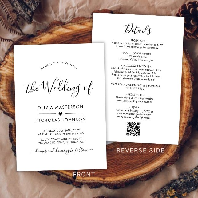 Chic Modern Calligraphy Heart QR Code Wedding Invitation (Creator Uploaded)