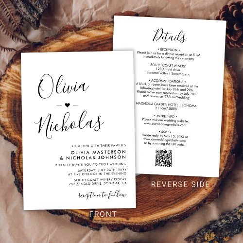 Chic Modern Calligraphy Monogram QR Code Wedding Invitation