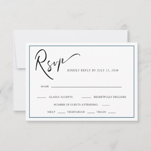 Chic Modern Calligraphy Teal Blue Wedding RSVP Card